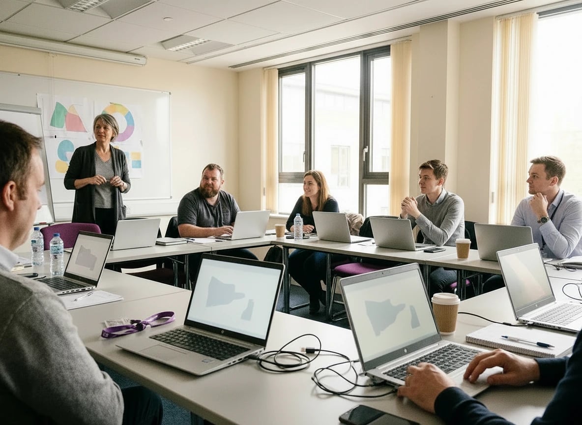Un formateur qui s'adresse à des participants travaillant sur leurs ordinateurs portables, dans une salle de formation lumineuse