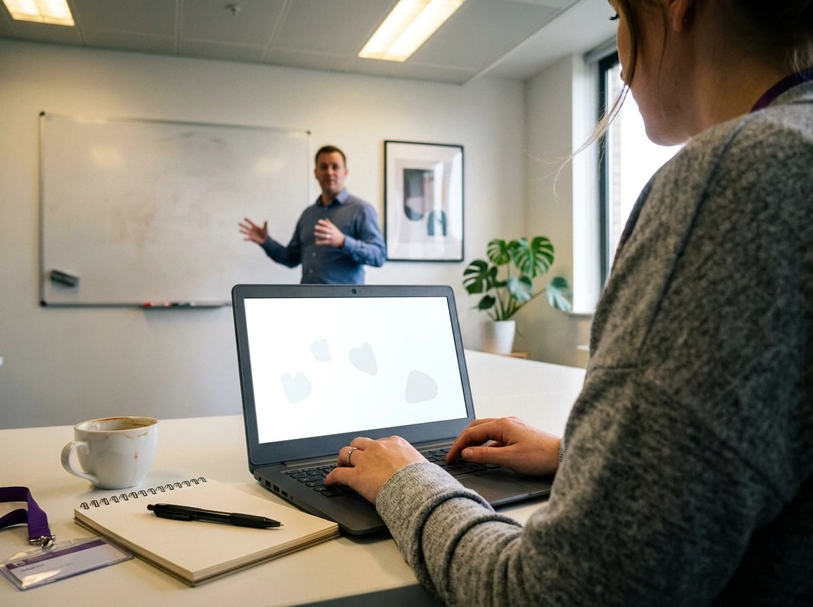 Vue par-dessus l'épaule d'un participant qui travaille sur son ordinateur portable pendant une session de formation