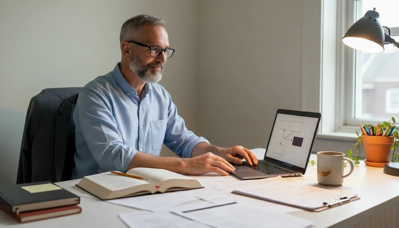 Le coach seul à son bureau avant une séance, veste sur la chaise, un ordinateur portable ouvert et un livre relié maintenu ouvert à côté