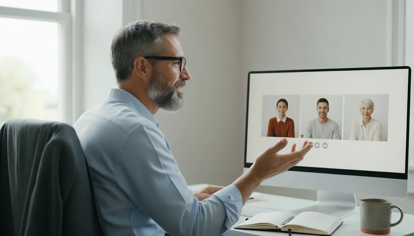 Le coach seul à son bureau en visioconférence, une main levée pour expliquer, trois collègues dans trois vignettes sur son écran