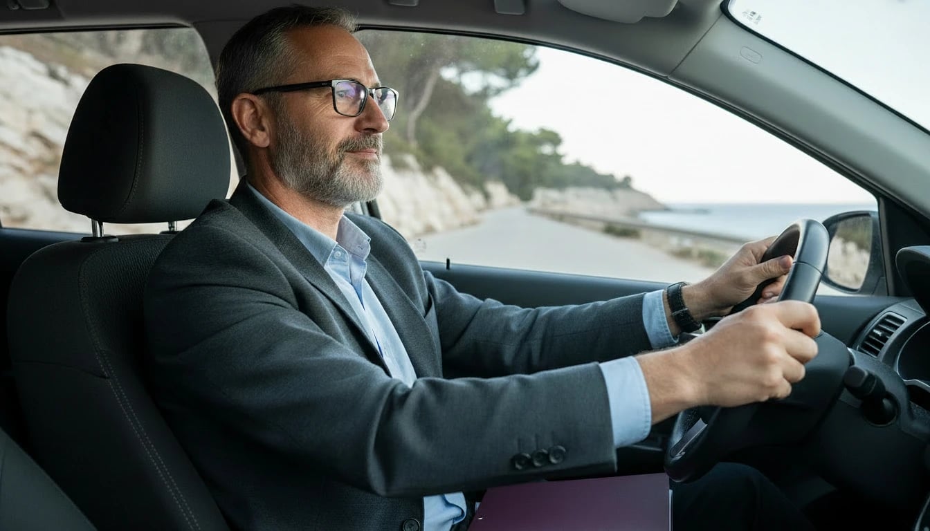 Le coach au volant sur une route côtière en direction d'un client, les deux mains sur le volant, vu depuis le siège passager