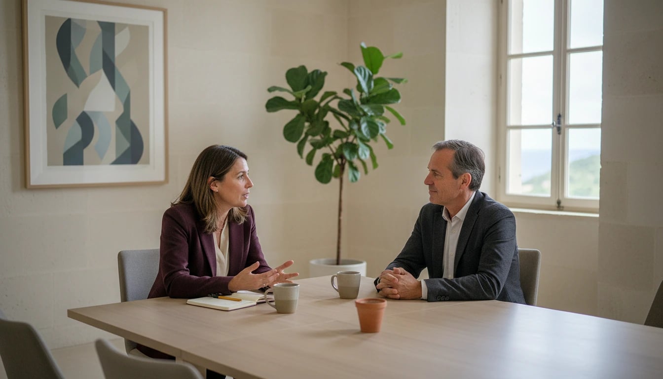 Deux collègues qui échangent de part et d'autre d'une table dans un bureau lumineux, avec une écoute attentive