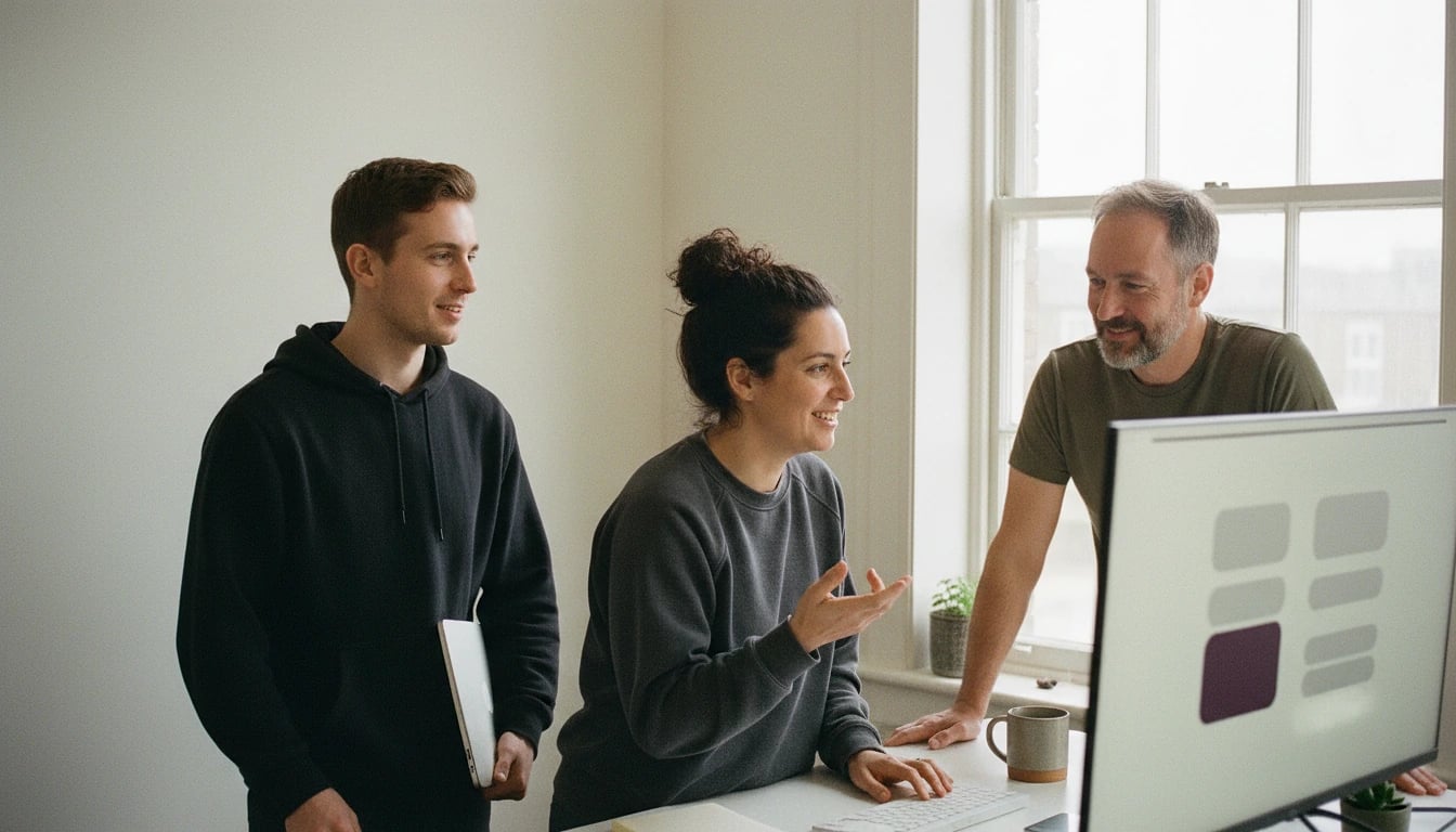 Trois ingénieurs qui discutent du code et d'un schéma de système affichés sur un grand écran, dans un studio de travail