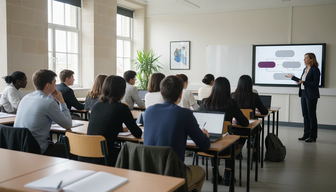 Un enseignant qui explique un schéma affiché sur un écran mural à des étudiants installés à de longues tables, avec ordinateurs portables et cahiers