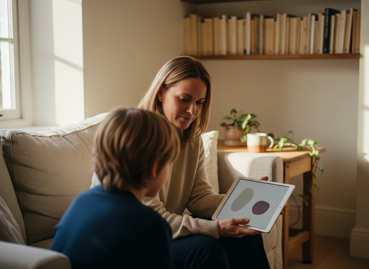 Un parent et un enfant qui regardent ensemble une tablette sur un canapé à la maison, l'enfant vu de dos