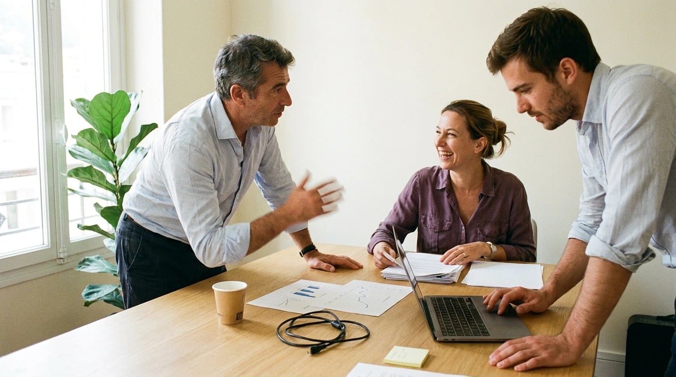Trois collègues en discussion autour d'un ordinateur portable et de graphiques imprimés, dans un bureau lumineux en bord de Méditerranée
