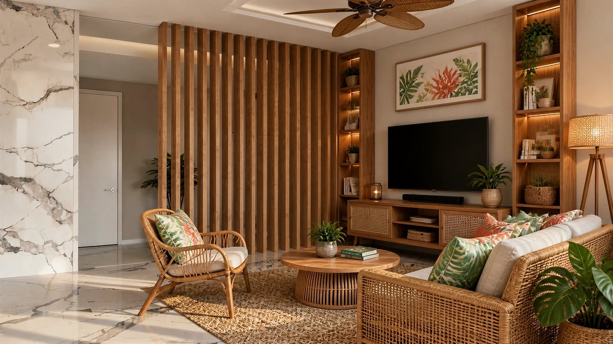 Rendu intérieur réalisé par Vasilis Michou pendant la séance : un salon avec claustra en bois, mobilier en rotin et sol en marbre