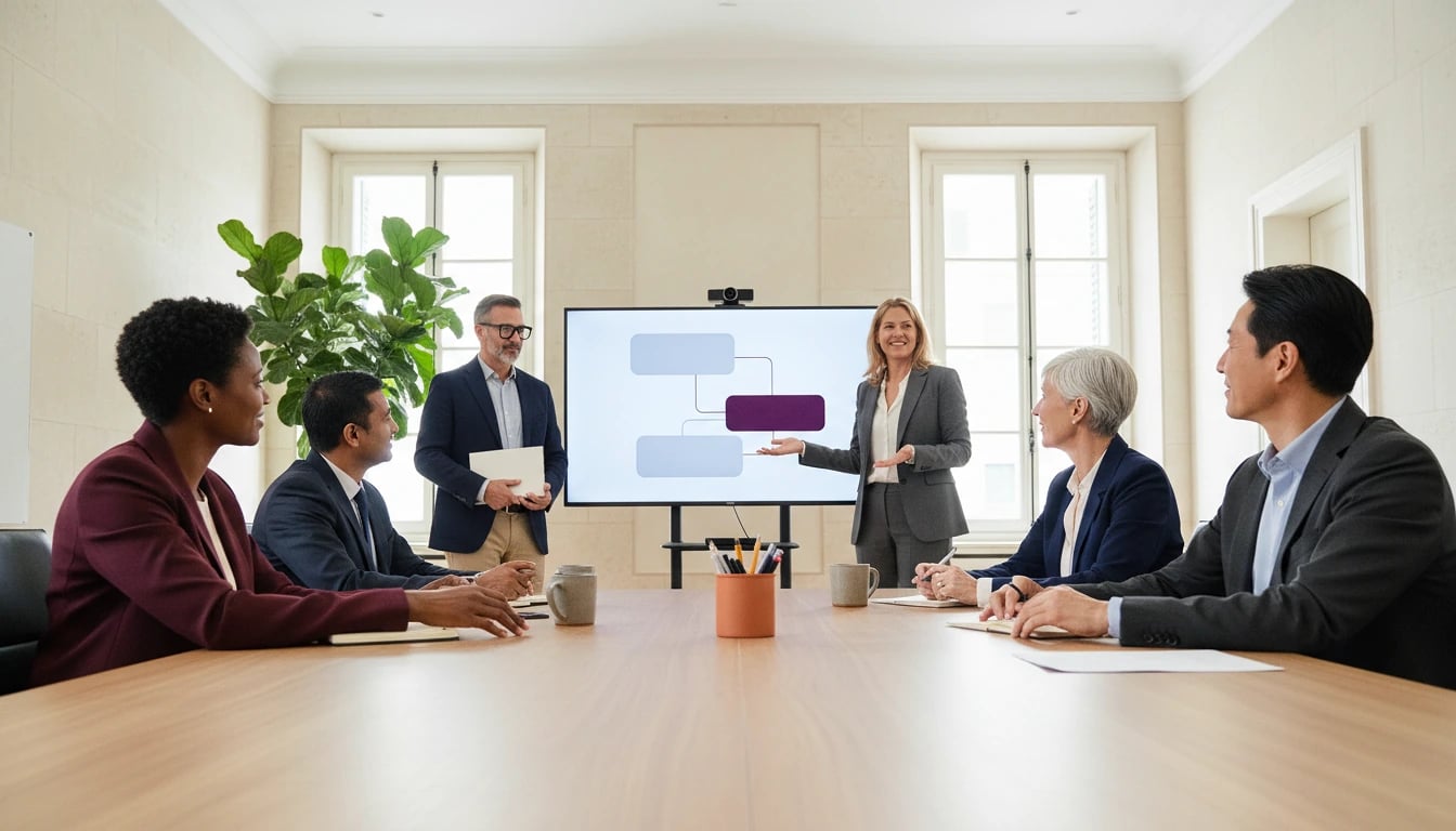 Deux consultants qui présentent une stratégie IA à quatre dirigeants autour d'une table de conseil, dans une salle voûtée et lumineuse