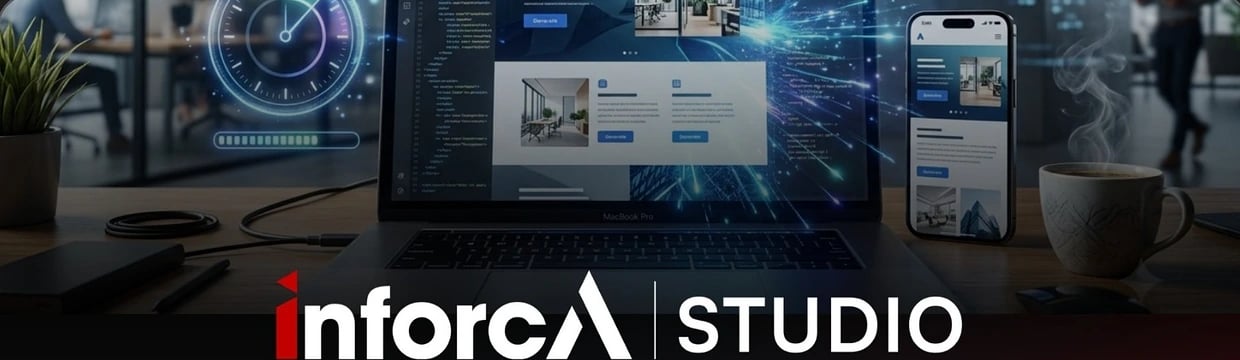The Inforca Studio site generator shown on a laptop and a phone