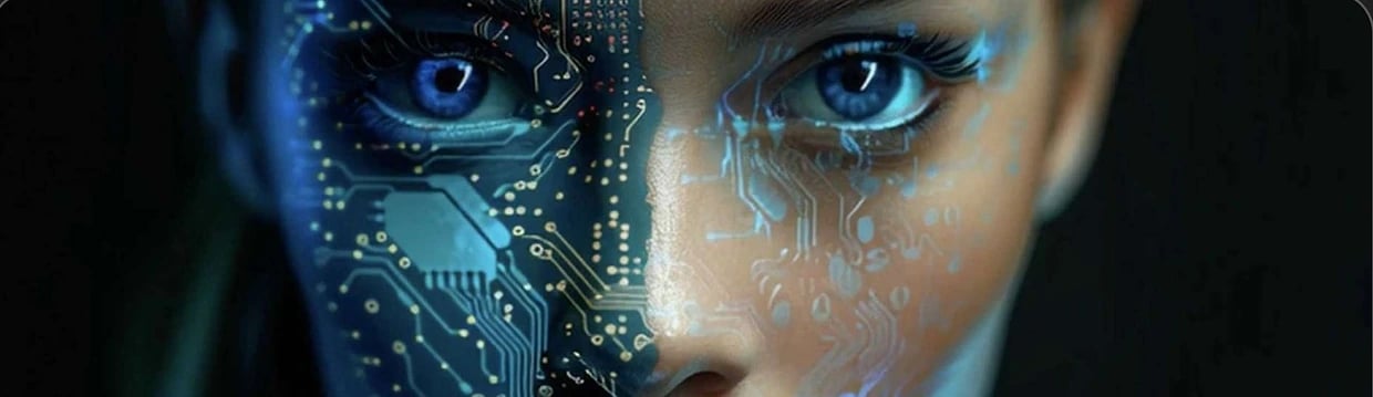 A stylised face composed of circuitry, representing AI translation